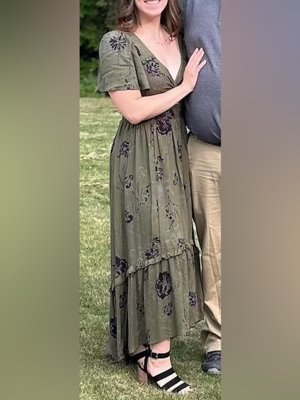 Olive Green Floral Midi Dress with Flutter Sleeves